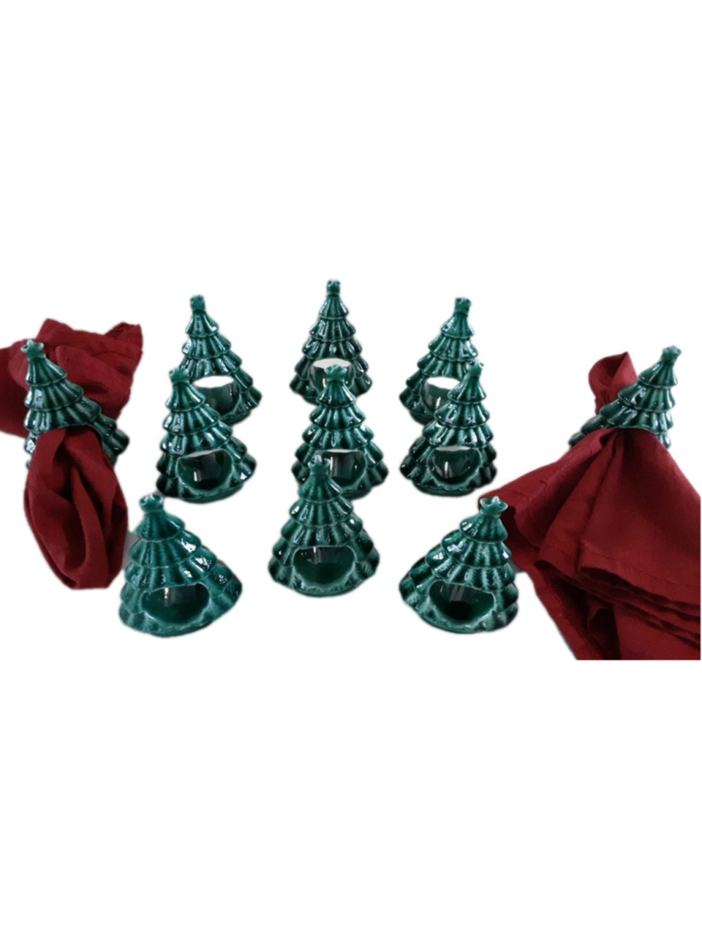 CHRISTMAS TREE NAPKIN RINGS HOLDERS-GREEN Ceramic-SET OF 11-VTG 4.5" Tall 3" W.